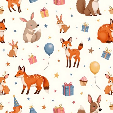Cute forest animals celebrate with balloons and gifts in a joyful party scene