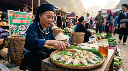 Obraz premium Banh Kep Dumplings Arranged on Bamboo Tray at Vietnam Mountain Market