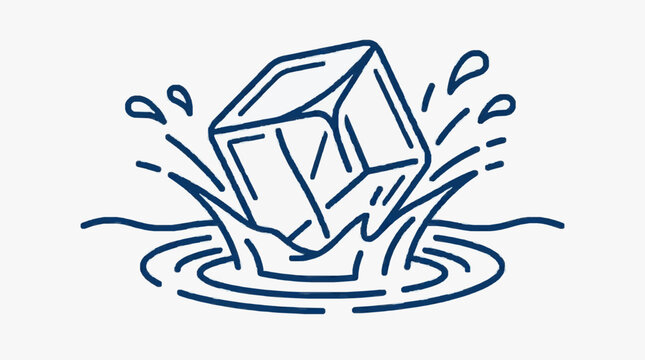 Ice cube splashing into water creating ripples and splashes.