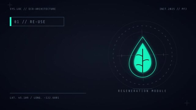 Futuristic digital HUD screen with glowing neon green leaf icon for plastic free july awareness promotion
