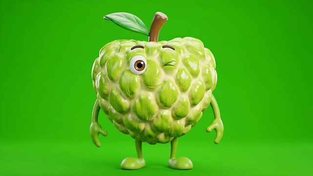3D Custard Apple Character Winking on Green Screen - A cheerful, glossy 3D custard apple character is shown winking and smiling against a vibrant green screen background.