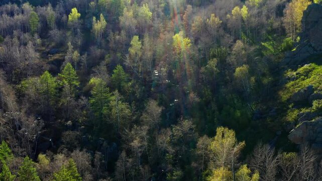 Southern Urals in spring: the Irendyk ridge and the Khudolaz River. Aerial view.