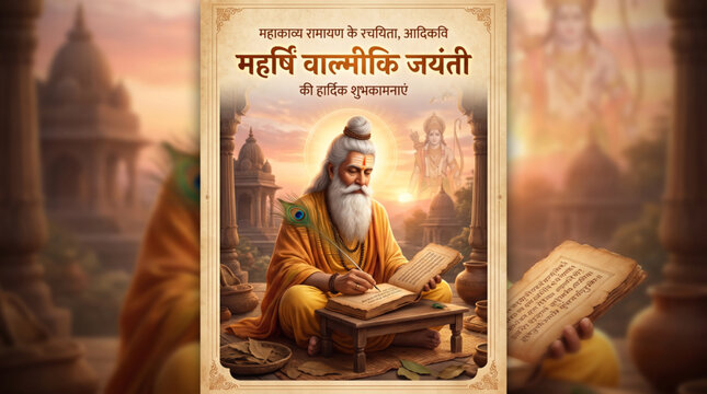 Maharishi Valmiki Jayanti illustration featuring the ancient sage writing sacred scriptures in a traditional temple setting