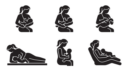 Fototapeta premium Set of black silhouette icons depicting mother breastfeeding baby in various positions