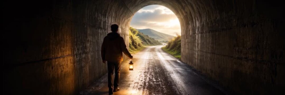 Panoramic person walking through dark tunnel toward sunlight, hope, recovery, life journey, emotional healing
