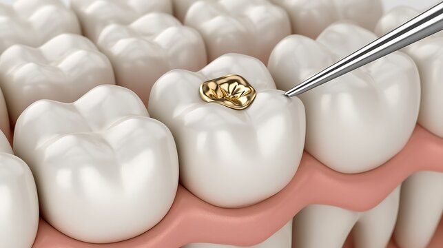 Dental gold filling procedure on molar tooth