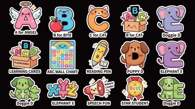 Cute kawaii alphabet and reading education sticker set illustration with animal letters flashcards reading pen star student badge and book