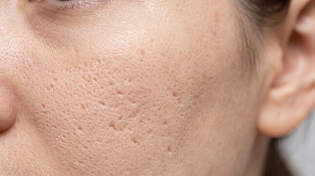 Close up of ice pick scars and pitted skin on human cheek