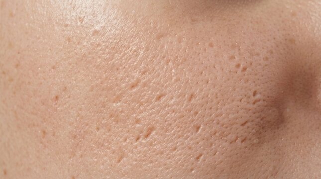 Close up of enlarged pores and ice pick scars on face cheek