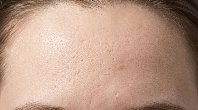Macro shot of clogged pores and ice pick scars on forehead
