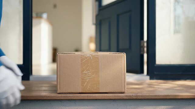 Delivery Person Placing Cardboard Package at Open Doorway - A close-up shot shows a delivery person wearing white gloves placing a cardboard package on a wooden threshold at an open doorway.
