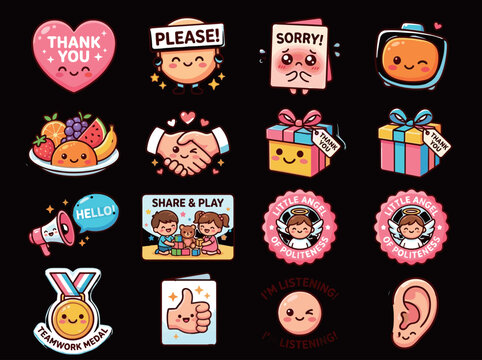 Cute kawaii good manners and politeness vector sticker set featuring thank you signs apologies sharing toys teamwork medals and kind gestures.