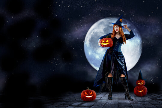 Witch on Halloween. Female wizard fairy character for All Saints' Day. Fantasy gothic red-haired Vampire girl in black dress. Enchantress dressed in carnival costume
