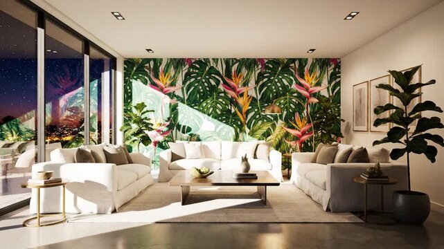 Modern living room with tropical floral wallpaper.