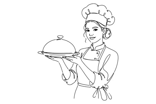 Professional female chef presenting a covered serving platter, representing fine dining, hospitality, culinary expertise, restaurant service, and gourmet cuisine.