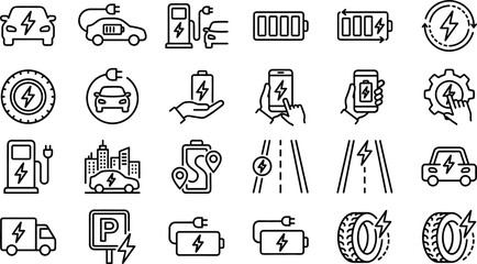 Fototapeta premium Electric Vehicle and EV Charging Station Line Icon Set Featuring Battery Power Eco Transportation Smart Mobility and Green Energy Graphic Symbols