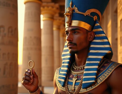 Man in pharaoh headdress and gold jewelry holds ankh symbol. He stands near ancient Egyptian temple columns. His costume features blue and gold stripes. He looks forward with a serious expression.