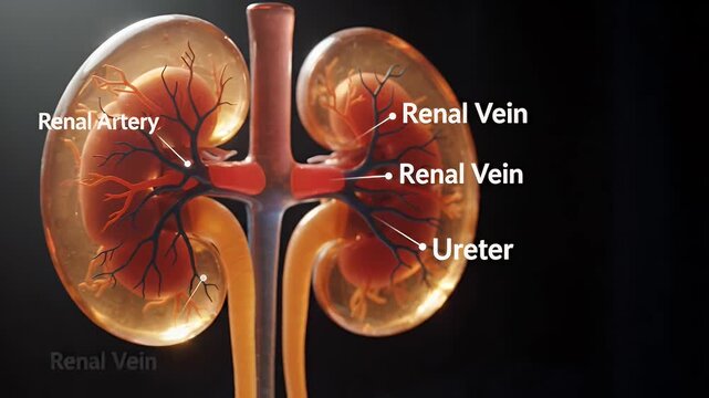 Translucent Kidney Model with Labeled Veins and Ureter - A detailed, translucent model of human kidneys showcases the intricate network of blood vessels and the ureter.