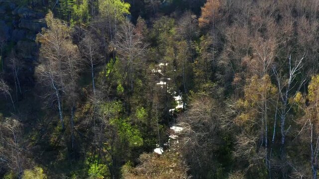 Southern Urals in spring: the Irendyk ridge and the Khudolaz River. Aerial view.