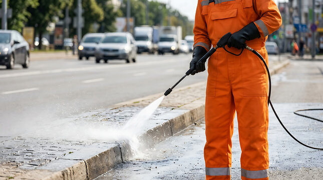 Professional municipal worker cleaning city street curb with high pressure water