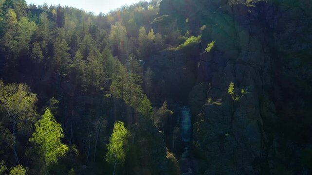 Southern Urals in spring: the Irendyk ridge and the Khudolaz River. Aerial view.