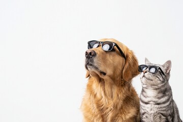 Fototapeta premium Funny Golden Retriever Dog and Tabby Cat Wearing Sunglasses Looking Up