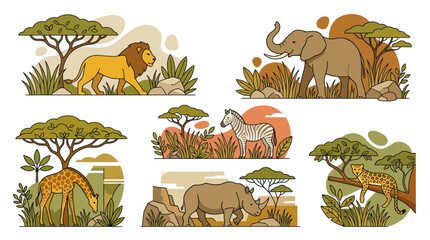 African savanna wildlife scenes with lion elephant and giraffe © ahmad