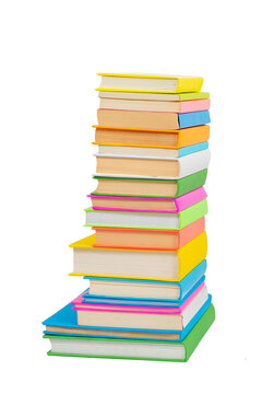 Books in multi-colored covers on an isolated background. Literature for children. Collection in the library. Textbooks for school college or university
