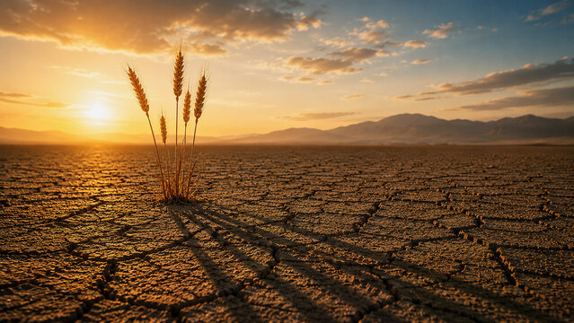 Golden wheat surviving on cracked drought stricken land under dramatic sunset symbolizing climate resilience and global warming