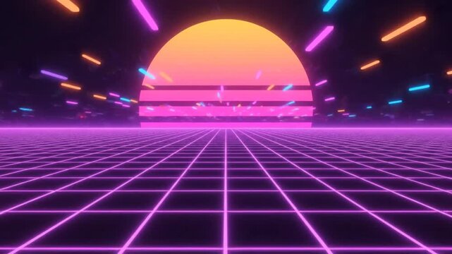 Retro 80s synthwave neon grid and sunset.