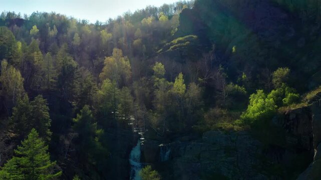 Southern Urals in spring: the Irendyk ridge and the Khudolaz River. Aerial view.