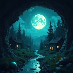 Fototapeta premium Night view from cave entrance shows moonlit forest with cabins by stream. Full moon illuminates peaceful village nestled among pine trees and mountains.