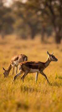 Two blackbuck antelopes grazing in the golden light of the savanna