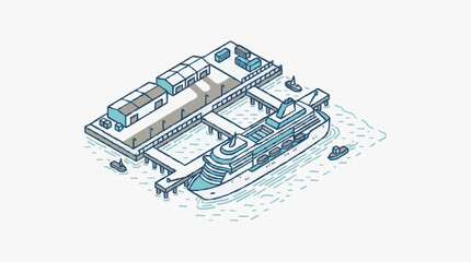 Isometric Illustration of a Ferry Dock with Trains and a Ship. © Lili