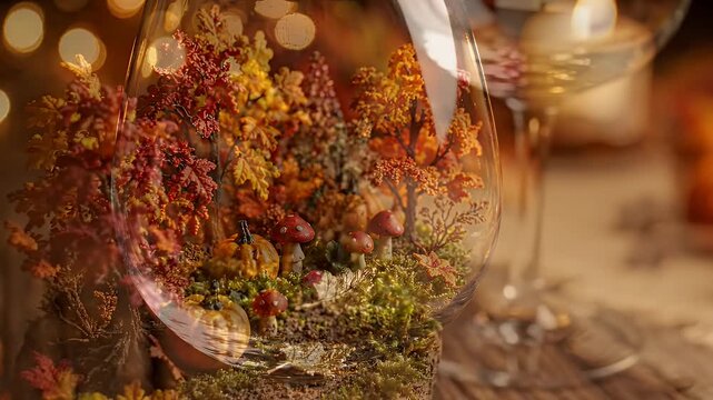 Miniature Autumn Scene in Wine Glass with Fall Colors - A charming miniature autumn landscape is created inside a clear wine glass, featuring colorful fall foliage, tiny pumpkins, and whimsical