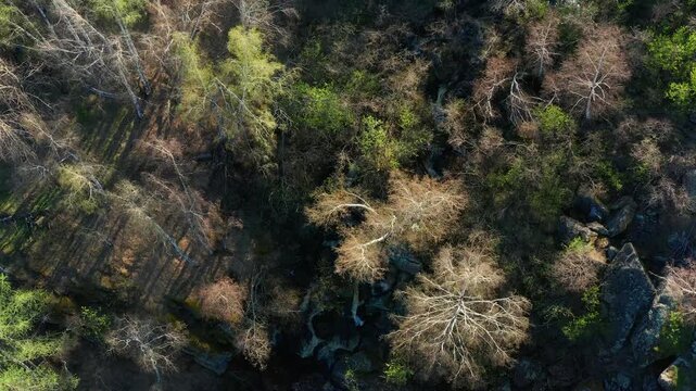 Southern Urals in spring: the Irendyk ridge and the Khudolaz River. Aerial view.