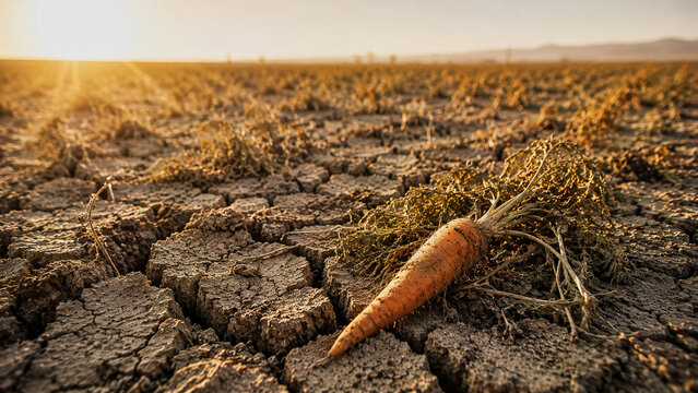 Withered carrot in drought stricken farmland under scorching sunset symbolizing crop failure and climate change with dramatic golden light