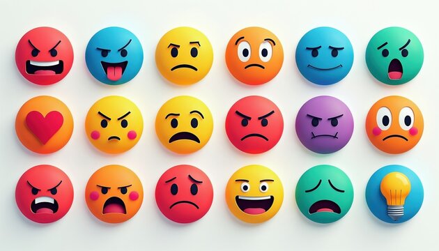 Collection of colorful 3D emoji icons show diverse human emotions and reactions. Faces express anger, sadness, joy, surprise, and love, plus a lightbulb symbol for ideas.