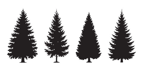 Fototapeta premium Set of four unique black pine tree silhouettes on a transparent background for various design projects.