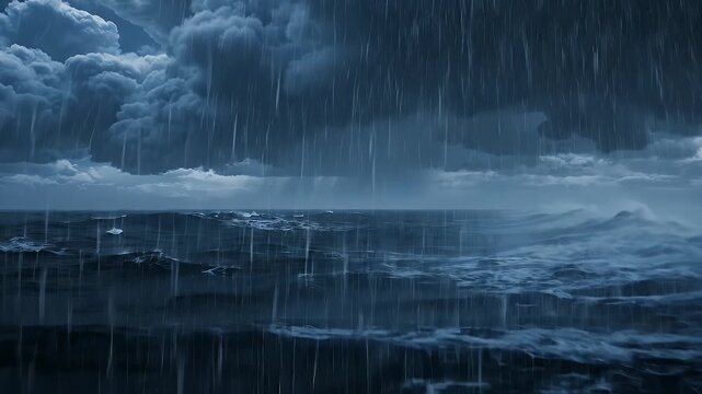 Stormy Ocean Horizon with Heavy Rain - A dramatic scene unfolds over the open sea as dark, ominous storm clouds gather overhead, unleashing heavy rain onto turbulent ocean waves.