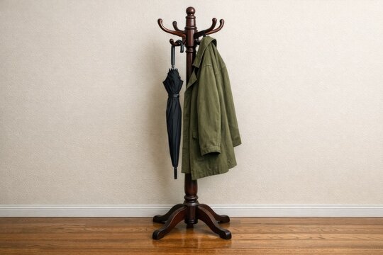 Coat rack with two umbrellas hanging from hooks, perfect for indoor or outdoor use