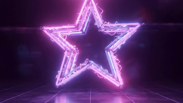 Neon Abstract Object Illustration - A glowing pink neon abstract object with a shattered crystalline structure stands vertically in a dark environment.