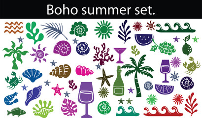 Fototapeta premium Boho summer set. Naive spiritual geometric palm tree, sun, sea, waves and corals emblem. Tropical retro surf prints, summer beach label, naive vignetting silhouette. Hand drawn vector illustration