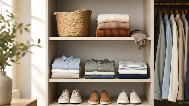 Summer clothes changing to autumn layers in a tidy wardrobe