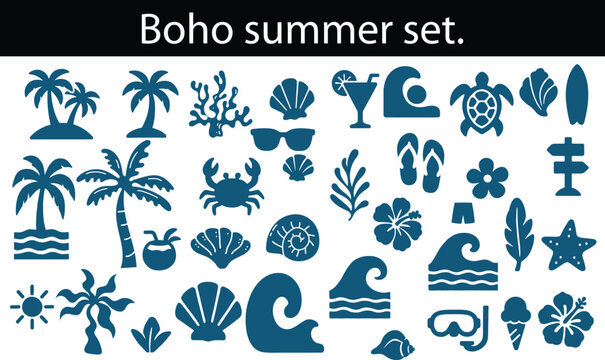 Boho summer set. Naive spiritual geometric palm tree, sun, sea, waves and corals emblem. Tropical retro surf prints, summer beach label, naive vignetting silhouette. Hand drawn vector illustration