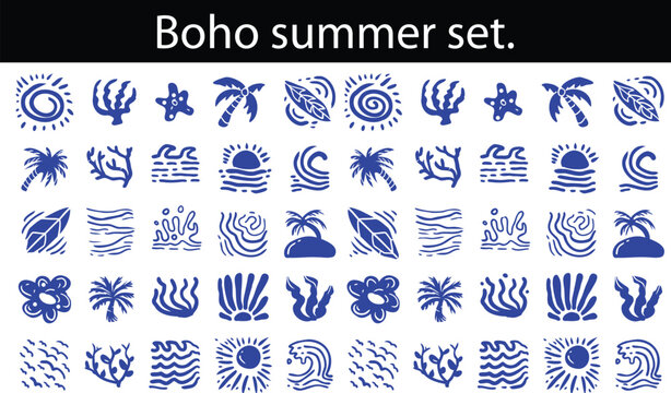 Boho summer set. Naive spiritual geometric palm tree, sun, sea, waves and corals emblem. Tropical retro surf prints, summer beach label, naive vignetting silhouette. Hand drawn vector illustration