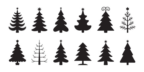 Obraz premium Set of various decorative christmas tree silhouettes isolated on transparent background for holiday design.