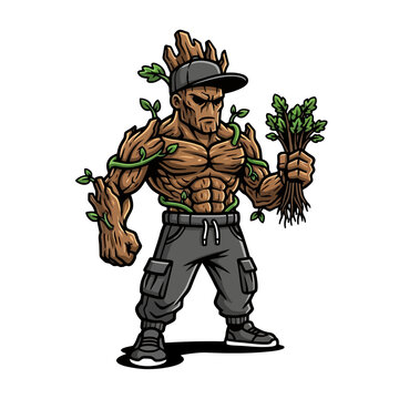 Mascot Character of a Muscular Tree Man Holding Greenery.