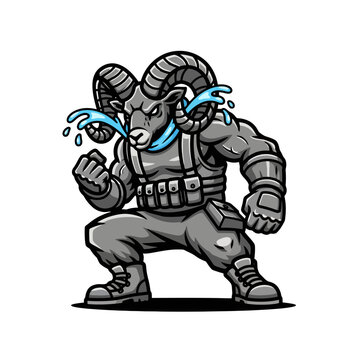 Mascot Ram Character in Tactical Gear Ready for Action.