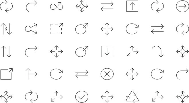 Arrow vector icon set with sync refresh loop transfer expand resize undo redo and directional navigation pointers for interface user design.